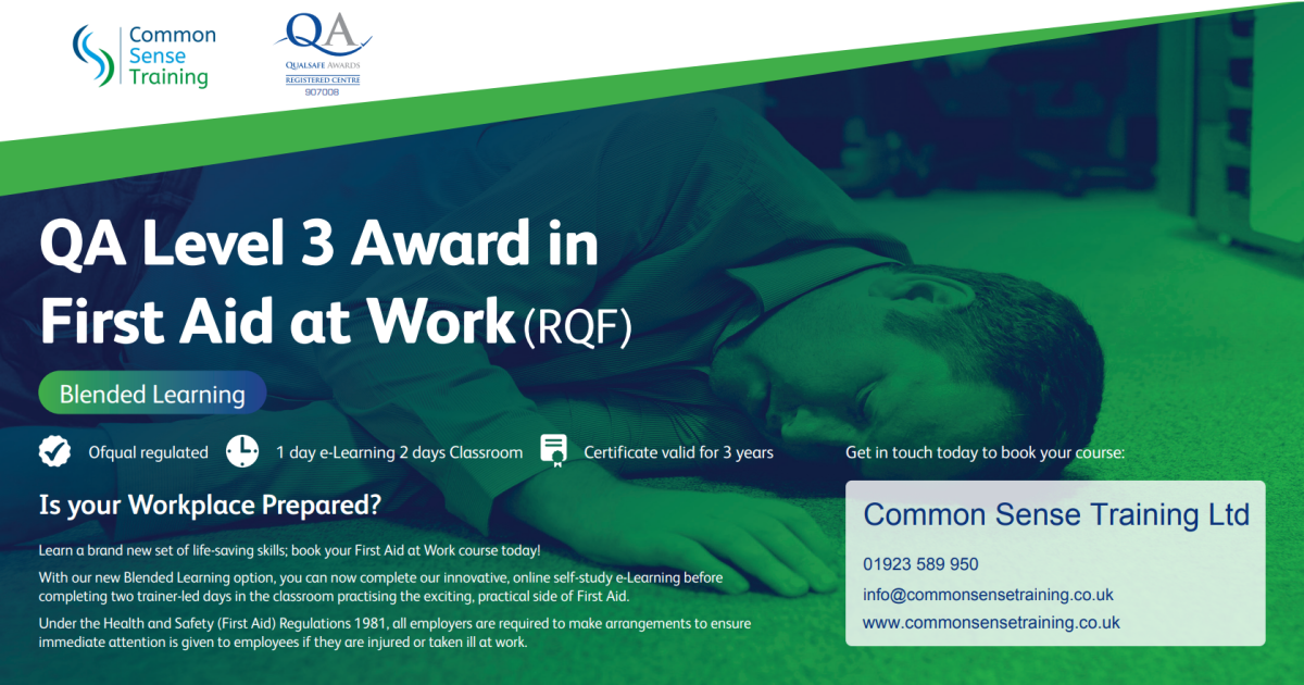Advert for First Aid at Work qualification with blended learning delivery showing a picture of a man collapsed on the office floor