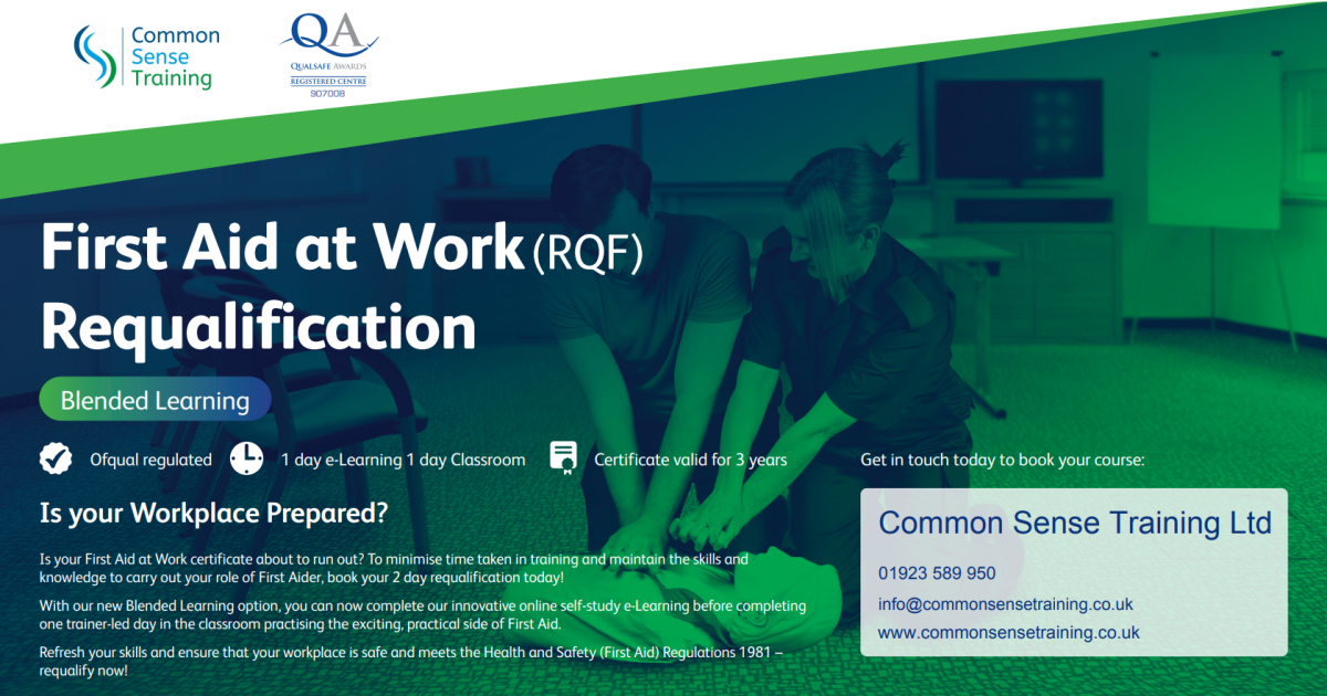 Advert for First Aid at Work requalification with blended learning delivery showing a picture of a female trainer and male candidate performing CPR on a manikin