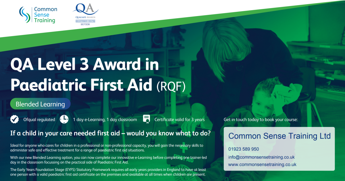 Advert for Paediatric First Aid at Work qualification with blended learning delivery showing a picture of a female first aider tending to a child's head injury