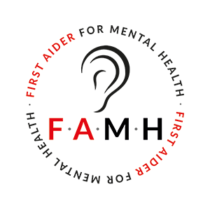 First Aider for Mental Health badge showing a ear indicating someone listening.