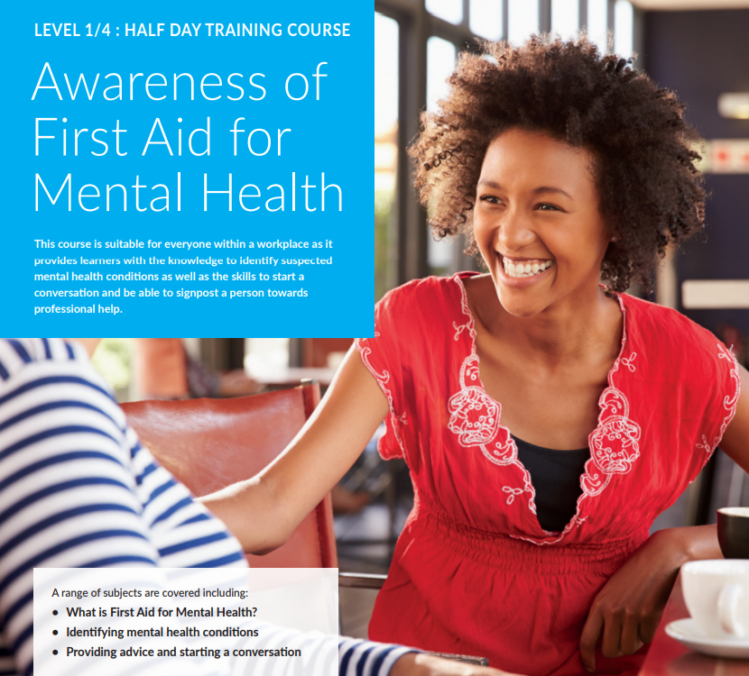 Awareness of First Aid for Mental Health course description and a picture of a two females chatting and smiling.