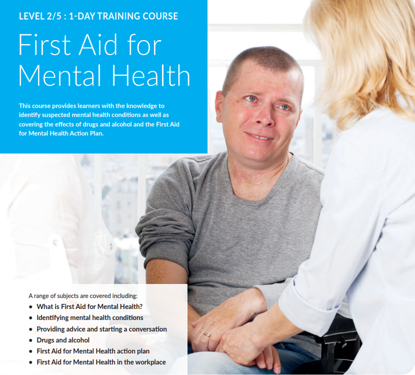 First Aid for Mental Health course description and a picture of a male being consoled by two females, one providing reassurance by holding his hand.