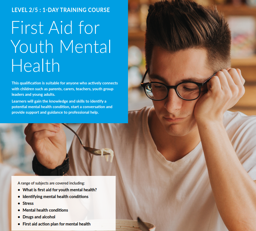 First Aid for Youth Mental Health course description and a picture of a male teenager holding a spoonful of noodles with no interest in eating them.