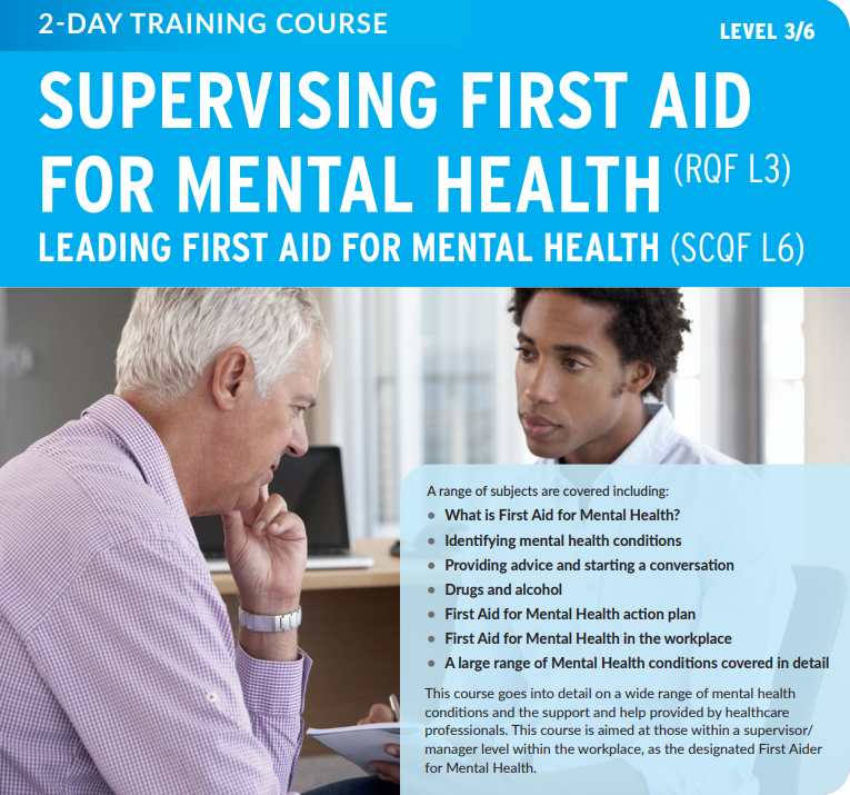 Supervising First Aid for Mental Health course description and a picture of two males talking in an office environment