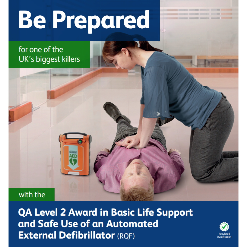 Basic Safe Support and Safe Use of an Automated External Defibrillator - Female performing chest compressions on collapsed male