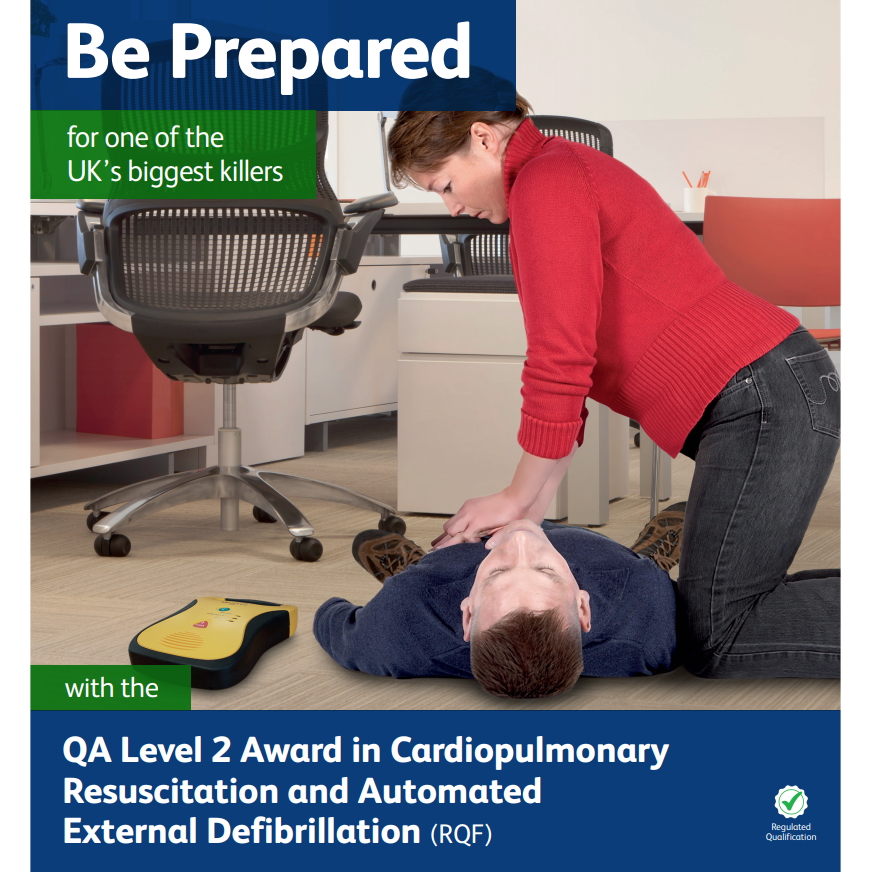 Cardiopulmonary Resuscitation and Automated External Defibrillation - Lady performing CPR on a male in an office environment