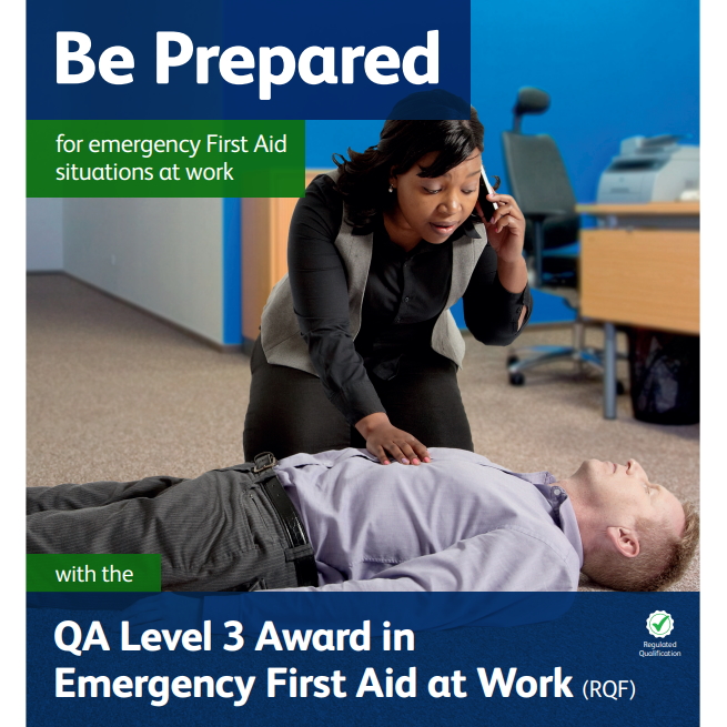 Emergency First Aid at Work - Female on phone making an emergency call whilst kneeing over a collapsed male