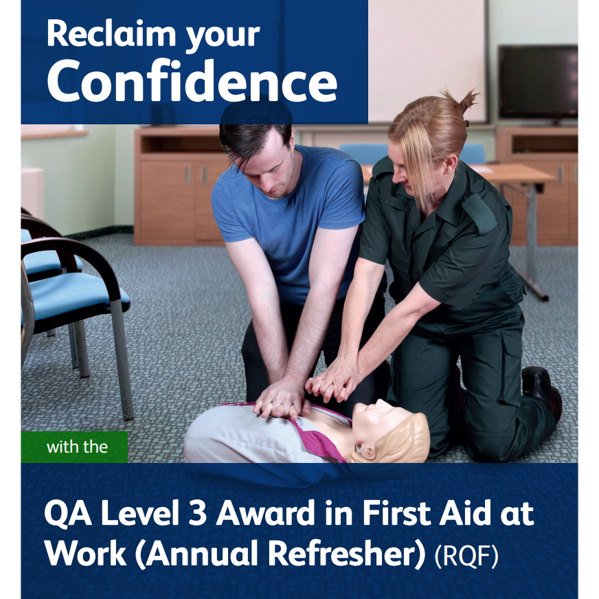 First Aid at Work (Annual Refresher) - Tutor demonstrating hand placement for CPR to a male