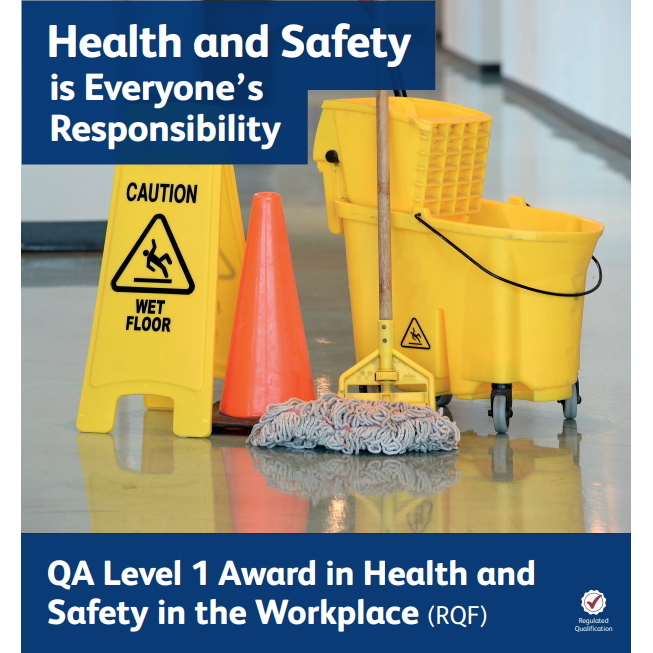 QA Level 1 Award in Health and Safety in the Workplace (RQF) - image showing a mop, bucket, cone and a caution wet floor sign