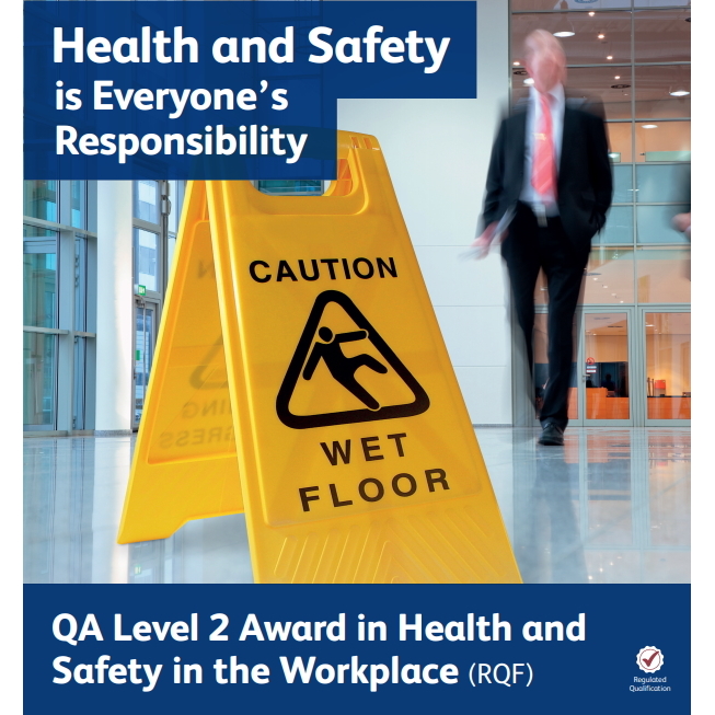 QA Level 2 Award in Health and Safety in the Workplace (RQF) - image showing man walking toward a caution wet floor sign
