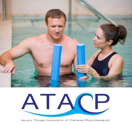 Man taking part in a hydrotherapy session with female instructor. Aquatic Therapy Association of Chartered Physiotherapists logo underneath.